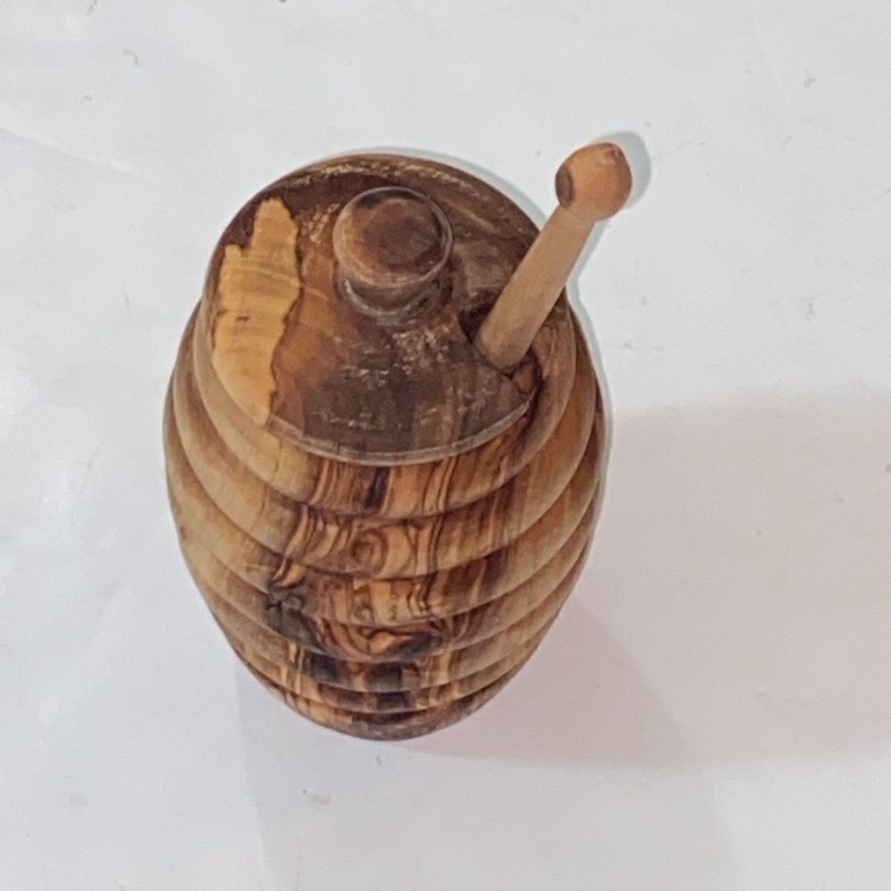 Hand Crafted Olive Wood Honey Pot, Stylish And Functional Bee Hive Shaped Honey
